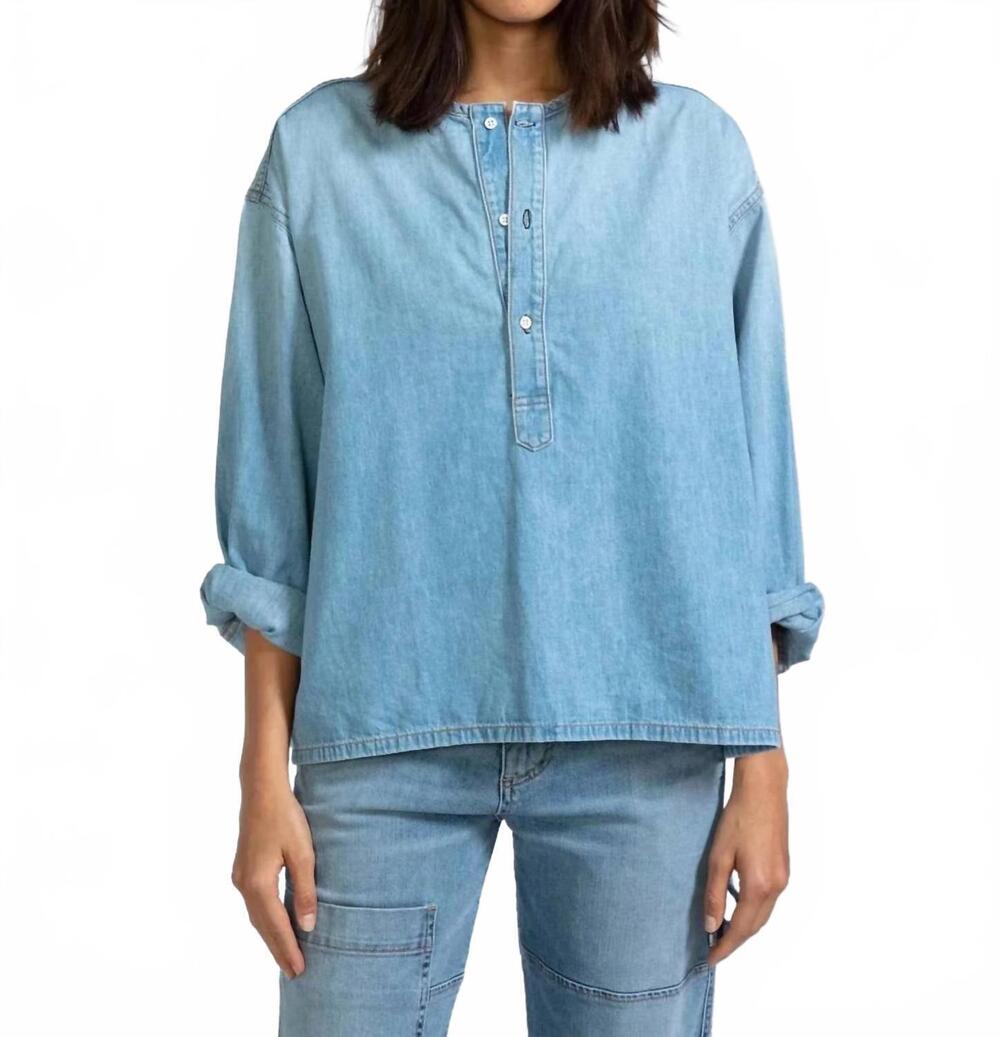 NEW ASKK NY denim henley top in light wash jackson